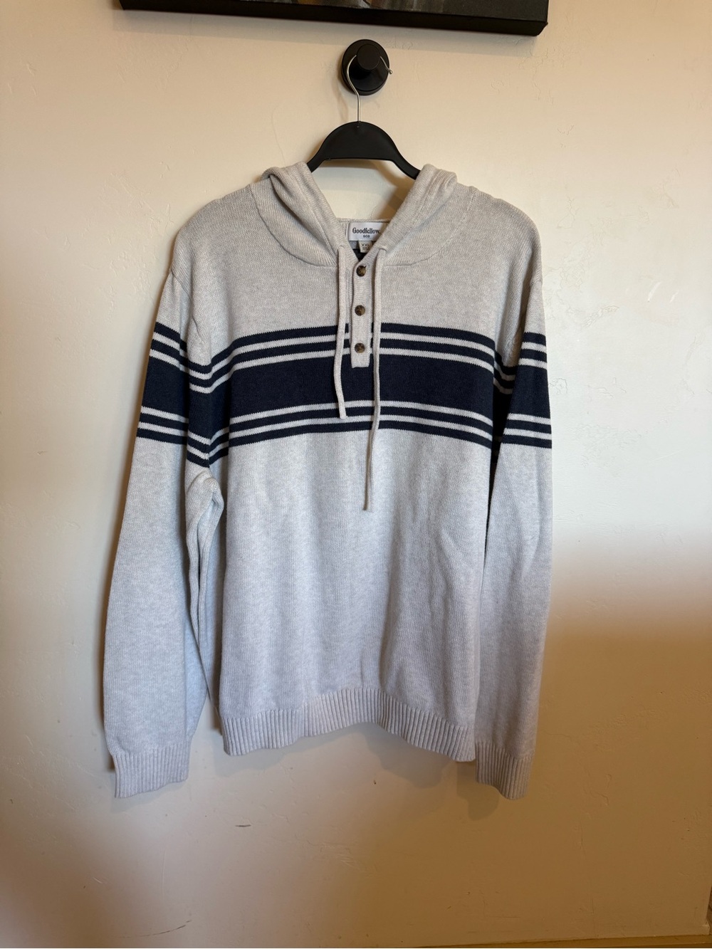 Goodfellow & Co Light Gray Hooded Pullover with Navy Stripes